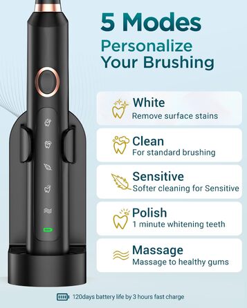 Електрична зубна щітка Sonico з 8 насадок, 5 режимів, чорна. Для подорожей.