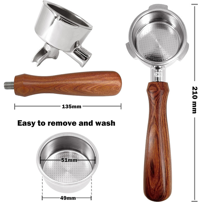 NEOUZA Bottomless Portafilter, 51mm, compatible with Swan Retro, Swan Nordic, Breville VCF149, Gevi, Oster Nova PrimaLatte espresso machines with stainless steel replacement filter basket, wooden handle (dual spout)