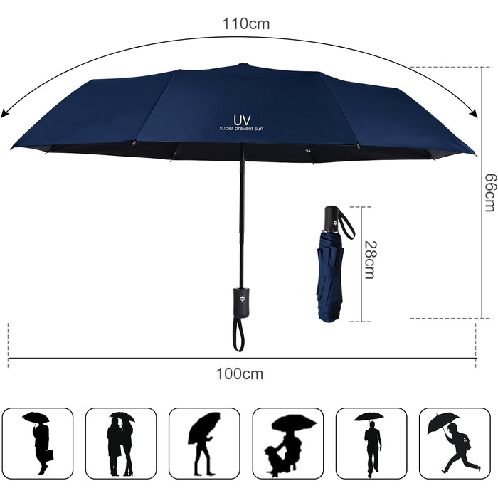 Віклюон Парасолька чоловіча/жіноча, автоматична, стійка до вітру, тефлонове покриття, легка, міцна, Marineblau