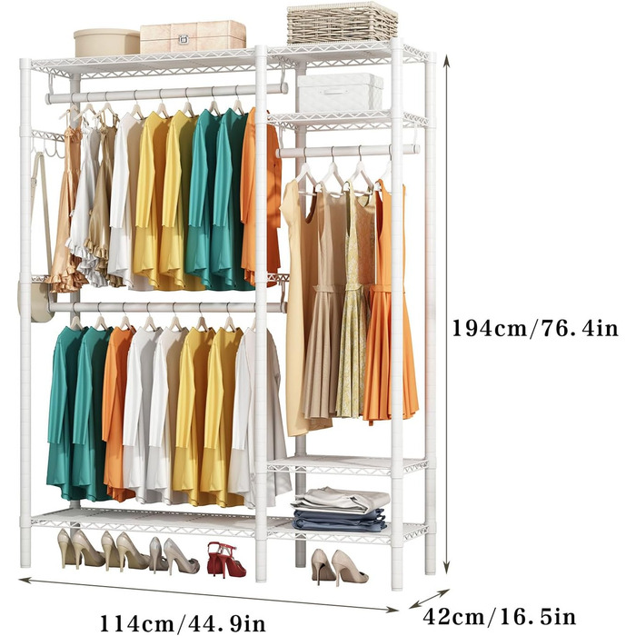 KZOBYD Clothes Rack, Freestanding Clothes Rail with Shelf Metal Wardrobe with Hanging Rods Open Closet with 4 Adjustable Shelves for Coats, Dresses, Shoes (White)
