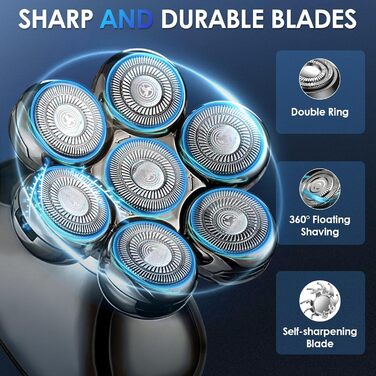 Електричний гостростример для голивної голови 5-в-1 для чоловіків, з 7 обертовими лезами, водонепроникний, USB-C, з LED-дисплеєм