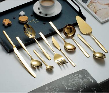 Berglander Gold Cutlery Serving Set, 10 Pieces, Stainless Steel Cutlery Serving Set with Gold Titanium Coating, Serving Spoon, Silver Serving Utensil, Rust Protection (10 Pieces)