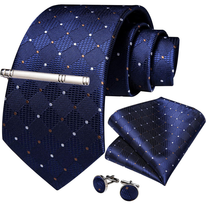 Набір краваток для чоловіків DiBanGu: краватка, хустинка, запонки, затискач. Шовкові, з візерунками смужок та клітин, блакитно-зелені (морська хвиля). Для офіційного стилю, весілля, ділових зустрічей.