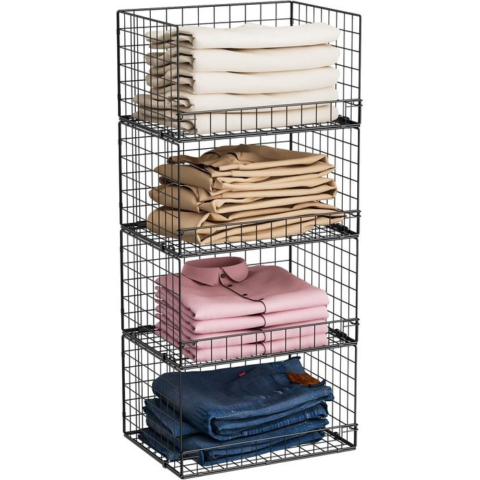 4-Tier Stackable Closet Organizer and Storage Shelves, Clothes Rack, Organizer, Basket Bins, Foldable Sweater Storage for Closet Organizer System, Black (patent pending)