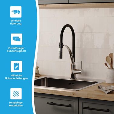 Кухонний змішувач Bächlein Nedo – поворотний на 360° з нержавіючої сталі, з гнучкою голкою та виливним гусаком з перемикачем, для кухні (гнучкий)