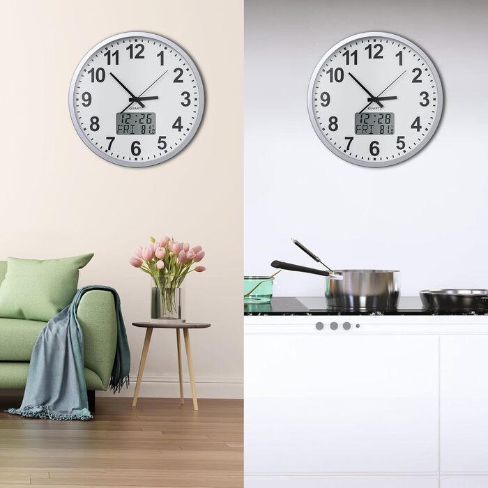 KWANWA Modern Wall Clock • Silent Operation (No Ticking) • Digital LCD/LED Display • Calendar & Temperature • Battery Powered • 30.5cm • 12-Hour Format, Perfect for Kitchen, Bedroom & Office
