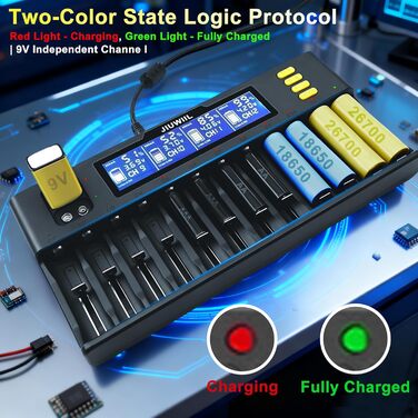 Зарядний пристрій для акумуляторів 18650 JIUWIIL з LCD-дисплеєм, універсальний, 12+2 слоти, для Li-Ion, LiFePO4, 26650, 17500, 16340, 18650, 14500, 10440 та 9V акумуляторів