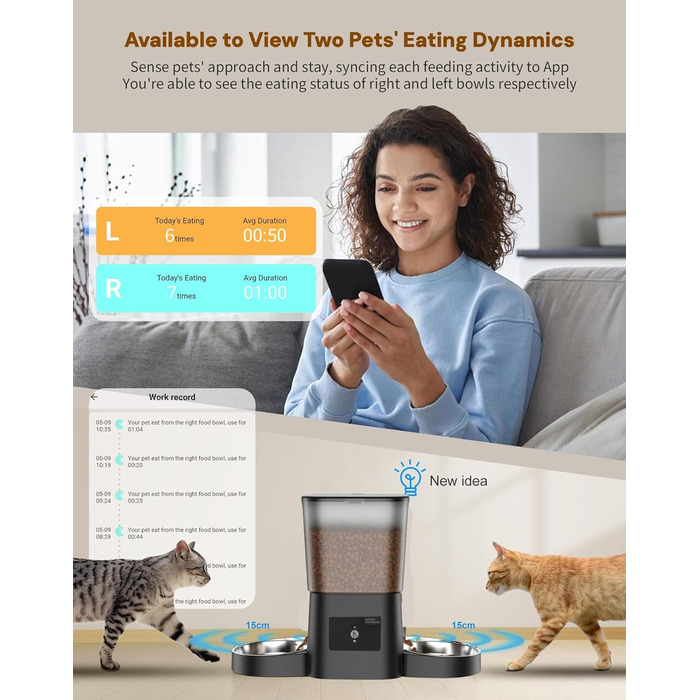 Автоматичний годівник для котів та собак HoneyGuardian з Wi-Fi, 2 миски, керування через додаток, 5G/2.4G, чорний, 3.5 л