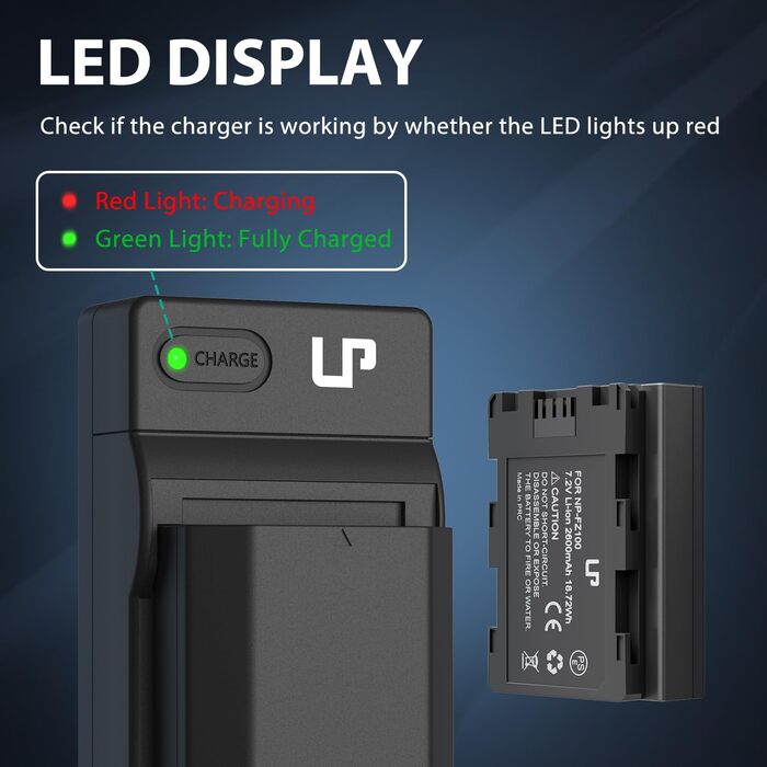 Зарядний пристрій LP NP-FZ100 з LCD-дисплеєм, Dual USB, сумісний з Sony A7iii, A7iv, A7C, A6700, A6600, ZV-E1, ZV-E10ii, FX3, FX30, A9, Alpha 9, Alpha 9S, A9S, A7R3 та A7R4 (2 батареї + AC зарядний пристрій)
