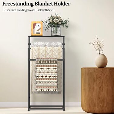Підставка для рушників стояча, 3-ярусна з полицею з дерева, металева з регульованими ніжками, для ванної кімнати та спальні, 40x30x82 см, чорна