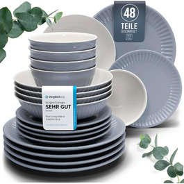 Набір посуду Steingut Hygge 48 предметів (12 осіб), сіро-блакитний колір, преміум якість