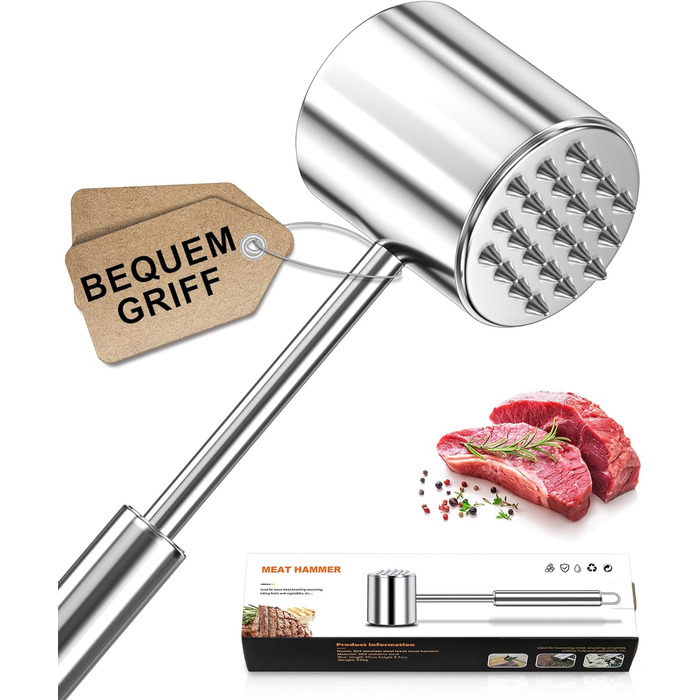 Кліпер для м'яса HOOMIL, двосторонній антипригарний, молоток для відбивання м'яса з неслизькою ручкою, для шніцелів та стейків, срібний (круглий, гладкий срібний)