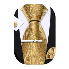 Набір краваток Barry.Wang: шовкові краватки з квітковим візерунком Paisley, нагрудна хустинка, запонки та затискач для краватки. Ідеально для урочистих подій, весілля та свят. Золотий колір.