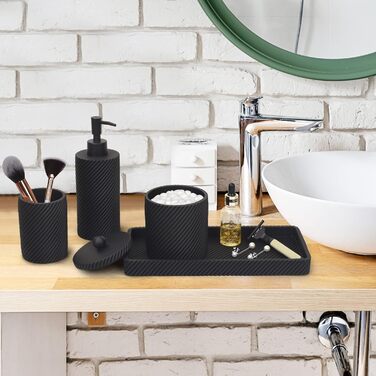 Bathroom Accessory Set, 4-Piece, Lotion/Soap Dispenser, Toothbrush Holder, Qtip Holder, Vanity Tray for Decoration, Bathroom, Countertop, Vanity Organizer, (Matte Black)