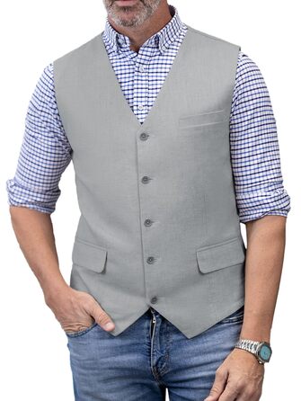 Елегантна жилетка для чоловіків Solovedress з льону, підходить для весілля та свят (світло-сіра, S)
