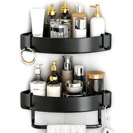 Поличка для душу з 2 рівнями, кутова, без свердління, з нержавіючої сталі, з тримачем для рушників та 2 гачками, чорна, для ванної, кухні, туалету