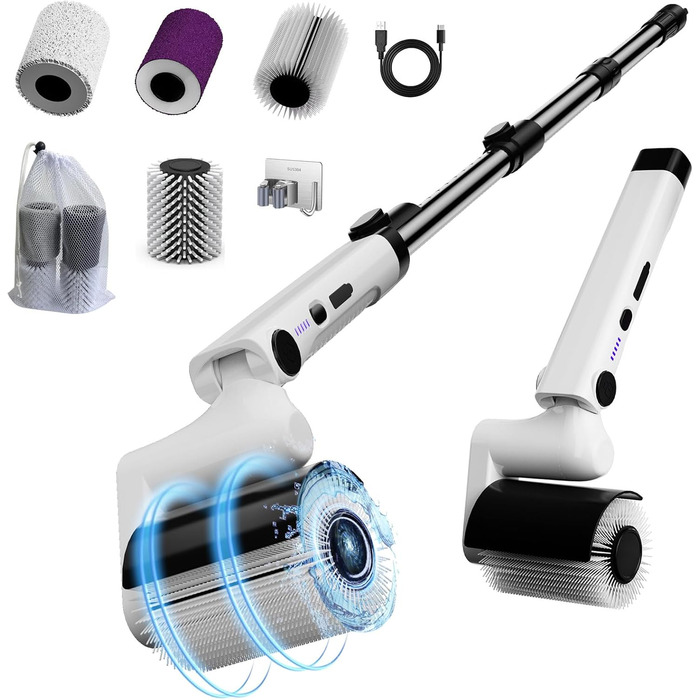 Roller Electric Cleaning Brush - 2-Speed Options, Waterproof, Cordless Electric Cleaning Brush with 4 Versatile Brush Heads and Extendable Handle