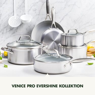 Набір кухонного посуду GreenPan Venice Tri-Ply 7 предметів: каструлі та сковороди з нержавіючої сталі, антипригарне покриття, без PFAS, для індукційних плит, сумісний з духовкою, сріблястий