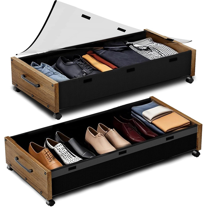 Комод під ліжко на колесах, 2 шт, дерев'яні контейнери для зберігання, великий розмір, органайзер під ліжко, ящики з прозорою кришкою, міцний для одягу, Коричневий горіх