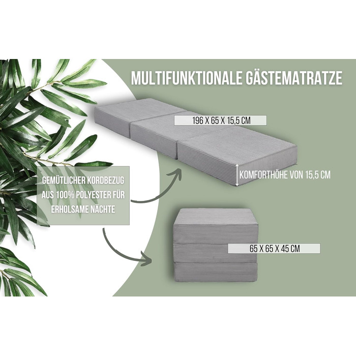 Badenia Trendline Foldable Guest Mattress with Durable Microfiber Cover, Öko-Tex Certified, 196 x 65 x 8.5 cm Sleeping Area, produced according to German quality standards. Height 8.5 cm (Light Gray - Cord, Height 15.5 cm)