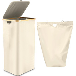 Laundry Basket with Lid 100L, Laundry Box with Bamboo Handles and Inner Pocket, Bamboo Laundry Collector, Large Capacity, Laundry Baskets, Foldable Laundry Baskets for Laundry Room, Bedroom, Bathroom (Beige)