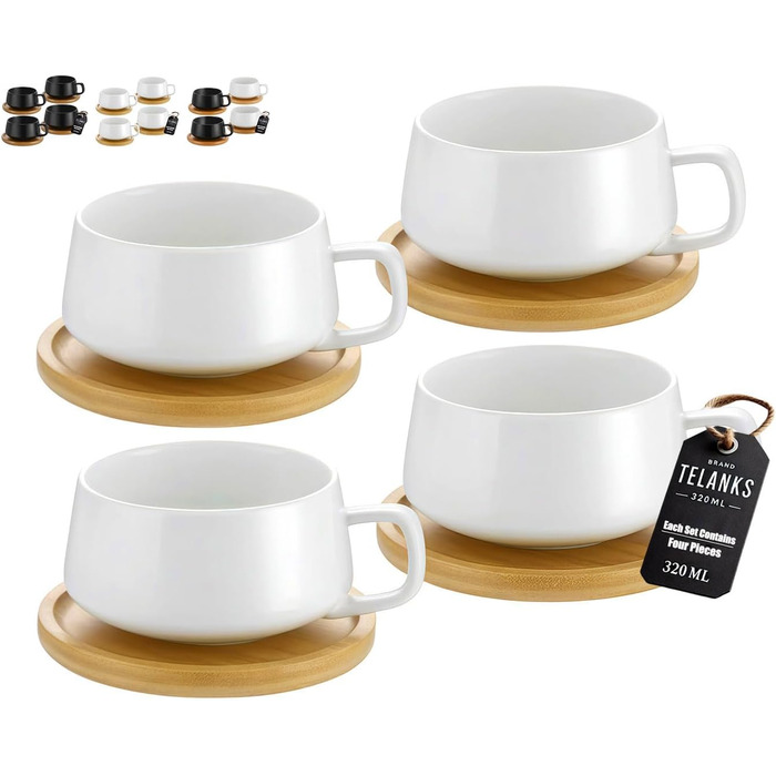 Набір з 4 чашок капучино з блюдцями, 320 мл, кераміка, для капучино, лате, американо та чаю, білий