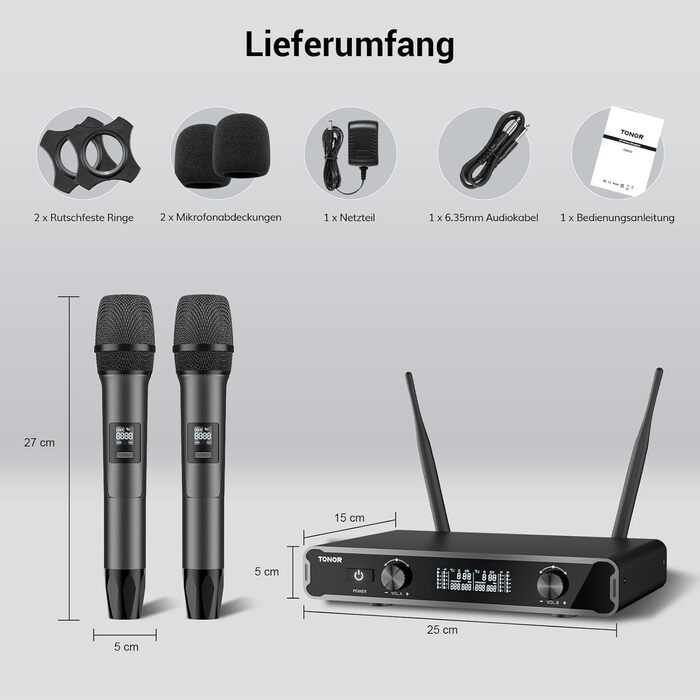 TONOR Система мікрофонів Dual Wireless, бездротова караоке мікрофонна система, 60м радіус дії, сірий колір