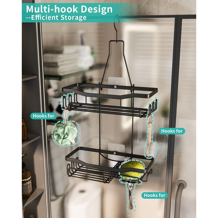 HapiRm Shower Shelf to Hang with Razor Holder & Soap Holder, Hanging Shower Shelf with Multiple Hooks - High-Quality Hanging Shower Basket Stainless Steel No Drilling, Black