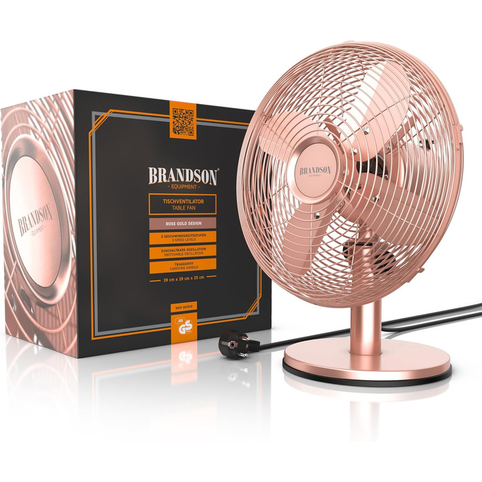 Настільний вентилятор Brandson з мідним дизайном: 3 швидкості, осциляція 80°, нахил 40°, металевий корпус (E: Рожевий)