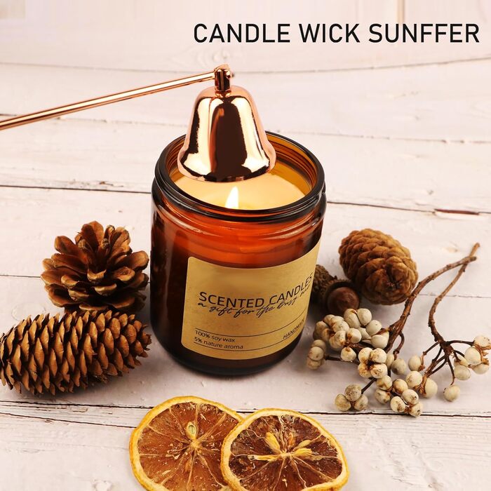 KOAKOMI Candle Accessory Set, Wick Trimmer, Candle Snuffer, and Wick Dipper for Candles, Aromatherapy Lovers, Gift, Stainless Steel Candle Care Set (Rose Gold, 4 Pieces with Lighter)