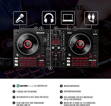 Numark DJ Pro Paket Platinum FX: DJ контролер з 4-дековим управлінням, аудіоінтерфейсом, дисплеями Jogwheel та ефект-педами, HF175 навушники (40 мм драйвер)