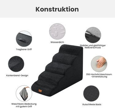 Сходинка для собак Gardner Pet - 35/42 см, 3 сходинки, з високощільної піни, з неслизьким водонепроникним покриттям, для ліжка, дивану, крісла (5 сходинок, чорний колір)