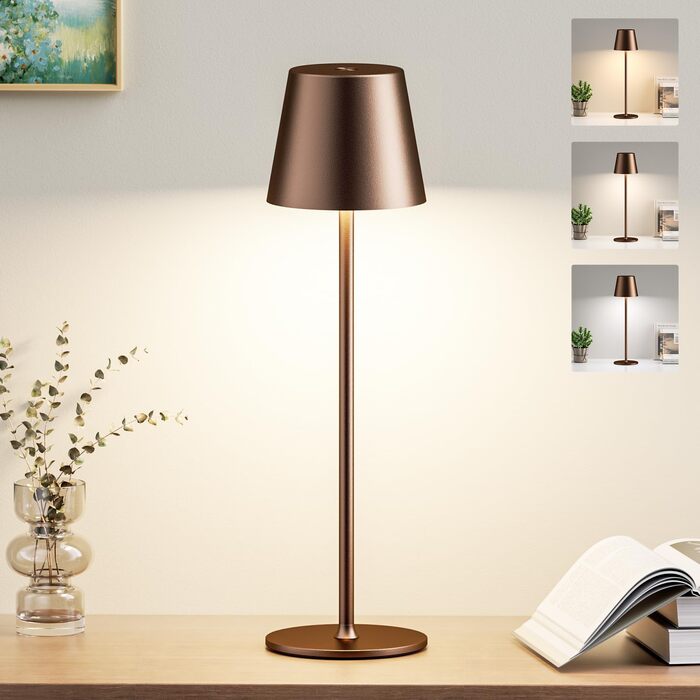 Акумуляторна LED настільна лампа бездротова з USB-C зарядкою, регульована яскравість, 3 режими світла, коричнева. Для дому, офісу, кемпінгу.