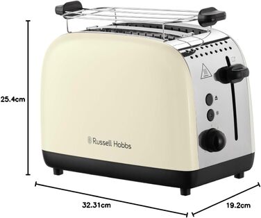 Тостер Russell Hobbs Colours Plus, 2 скибки, нержавіюча сталь, кремовий, широкі відсіки, підставка для булочок, 6 режимів підсмажування, функція розморожування, Lift & Look, 1600 Вт