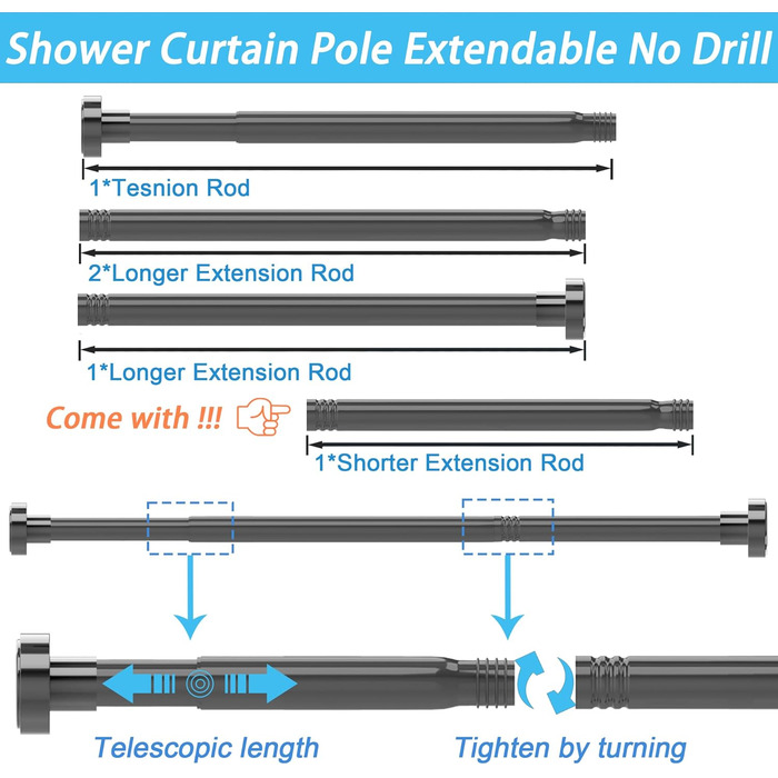Держак для душової завіси, телескопічна штанга з нержавіючої сталі, 73-175 см, без свердління, сріблястий