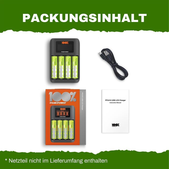 Зарядний пристрій PeakPower для акумуляторів AA AAA з 8 акумуляторами (4 x AA + 4 x AAA), захист від перерозряду, таймер безпеки, USB, пластикова упаковка, 8 слотів, швидка зарядка