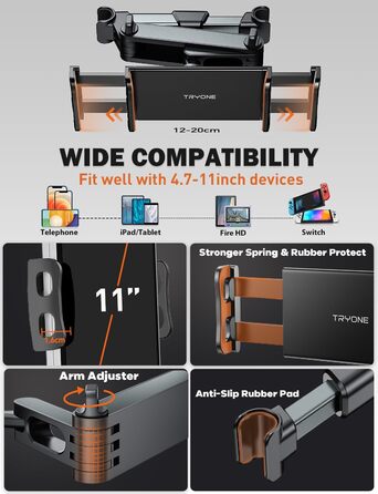 Тримач для планшета в авто TRYONE - кріплення на підголівник, висувний, для iPad, iPhone, Samsung Galaxy Tab, Kindle Fire HD, Switch (4.7-11 дюймів)