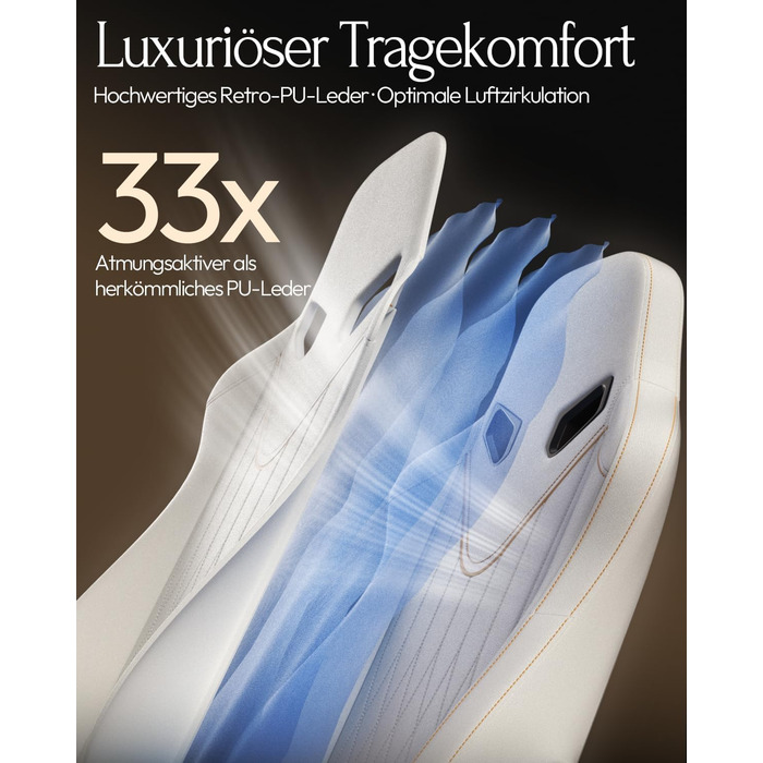 Ігровий крісло Dowinx з масажем, ергономічний дизайн, підтримка попереку та шиї, до 135 кг, шкіра, для дорослих (білий)