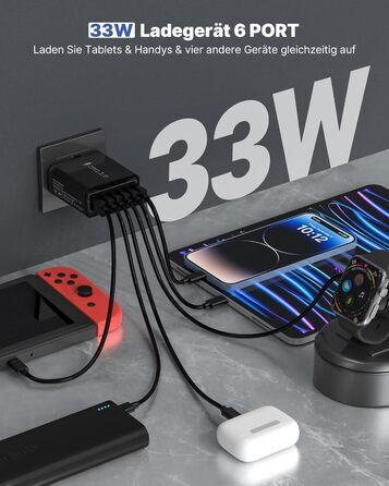 Зарядний пристрій USB 2 шт, 6 портів 33W QC 3.0 + USB 3.1A, мережевий адаптер для iPhone 16/15/14/13/12/11 Pro Max SE XR XS, iPad Pro, Samsung, смартфонів - Чорний