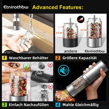 Електричний набір для солі та перцю з нержавіючої сталі, 2 шт., автоматичний, перезаряджається, 5 ступенів помелу, 95 мл, LED-підсвічування, Type-C, база для зберігання