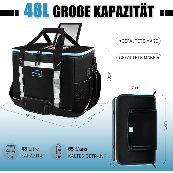 Сумка-холодильник INSMEER 48L: велика, для 65 банок, XXL, водонепроникна, для пікніків, кемпінгу, пляжу