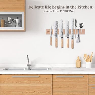 FINDKING Magnetic Knife Strips, Magnetic Utensil Holder for Wall, Refrigerator, Wood Shelf for Kitchen Knives, No Drilling (Beige, 18 inches, Without Knives)