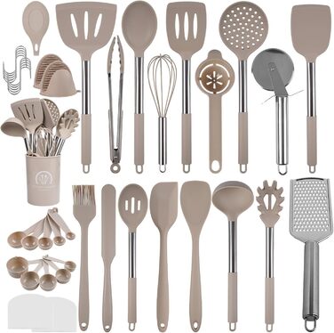 Набір кухонних аксесуарів 45 шт. з нержавіючої сталі: лопатки, ложки, скребки. Ідеальний для кухонного начиння та подарунків. (Хакі, 2)