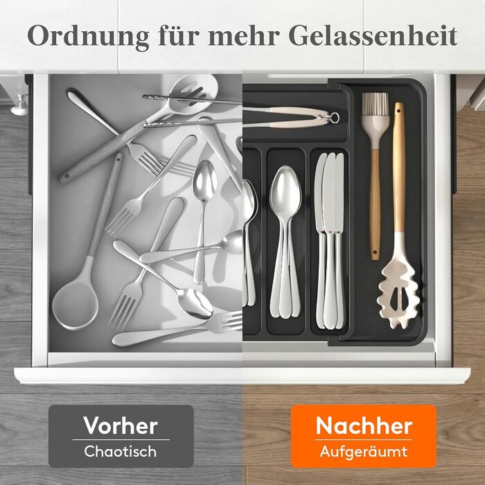 Органайзер для столових приборів Lifewit в шухляду, розсувний, чорний, 6-8 відділень, 35-49 см