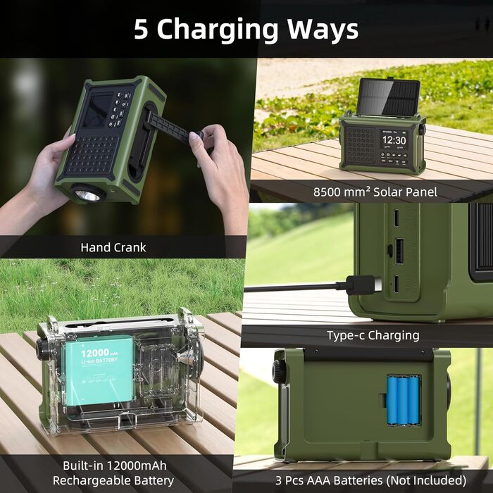 Радіоприймач Kurbelradio з DAB/DAB+/UKW, акумулятор 12000mAh, сонячна панель 8500mm², ручний генератор, Bluetooth 5.0, ліхтарик та світло для читання, для відпочинку на природі, кемпінгу, зелений