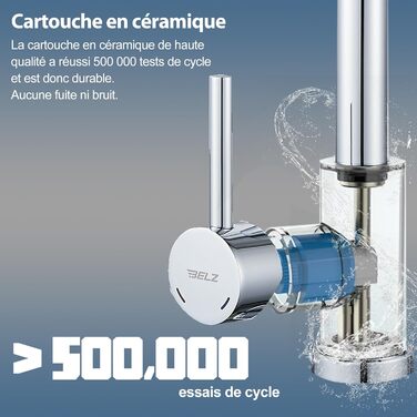 Змішувач для кухні BELZ з висувною лійкою, 3 режими, поворотний на 360°, з нержавіючої сталі SUS304, матовий хром