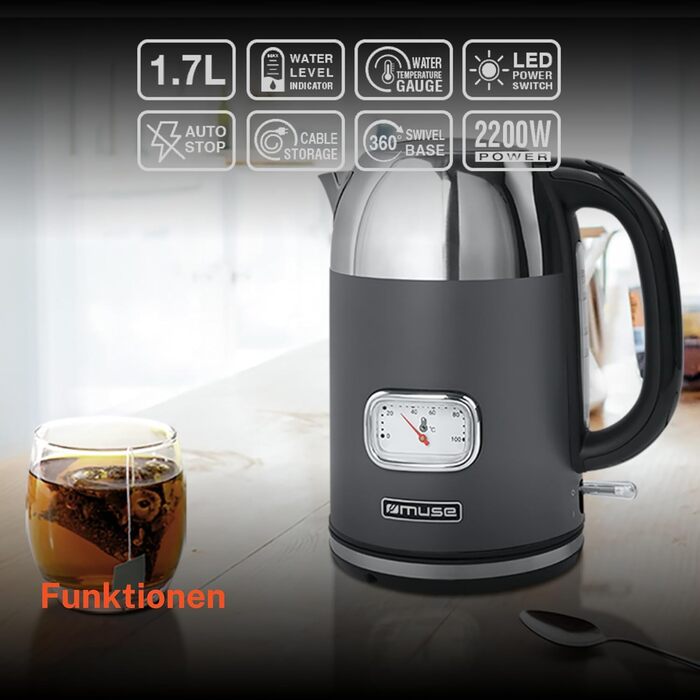 Електричний чайник зі сталі Muse Retro з аналоговим термометром, фільтром, прозорою шкалою, об'ємом 1,7 л, автоматичним відключенням, матовий золотий (MS-030 BC) (Сірий)