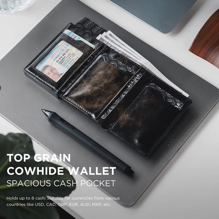 Портмоне для карток VULKIT RFID з захистом, з натуральної шкіри, з відділенням для грошей, віконцем для посвідчення та відділенням для монет, на магнітній застібці (Industrial Metallique Texture, Чорний)