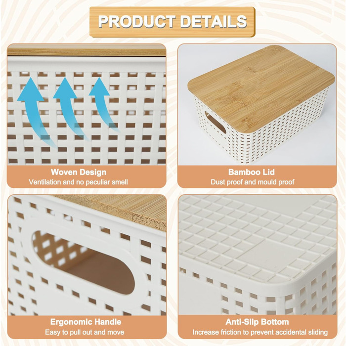 UHAPEER Storage Box with Bamboo Lid, 6 Piece Storage Basket, Plastic Basket Storage, Kitchen Organizer White, Stackable Storage Boxes, Box with Lid 25.6 x 18 x 10.7 cm