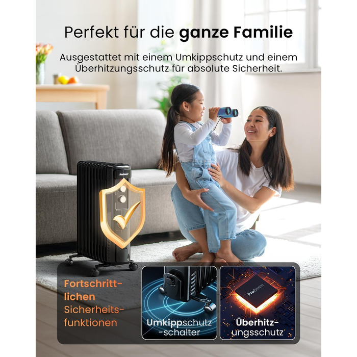 Pro Breeze 2500W Mini Oil Radiator with 11 Fins, Electric Heater, 24h Timer, Energy-Saving Oil Radiator, 3 Heating Levels, Adjustable Thermostat & Safety Shut-off Function - Black